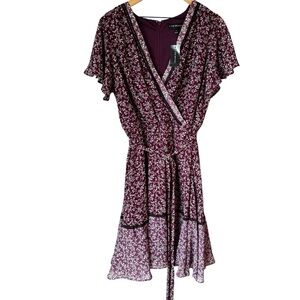 NWT Lane Bryant Boho Wine Floral Split Neck Chiffon Belted Midi Dress Size 16